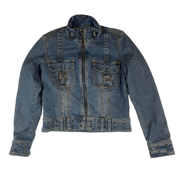 Bongo Denim Jacket Belt Loop Detail Stand Up Collar Zipper Chest Pockets Women 3 - Picture 1 of 13